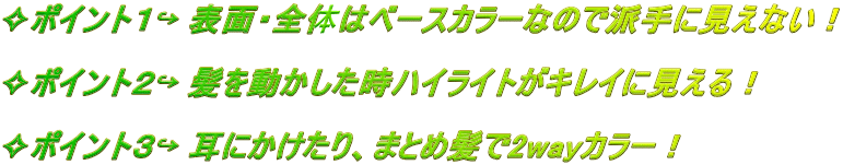 ?ポイント１? 表面・全体はベースカラーなので派手に見えない！  ?ポイント２? 髪を動かした時ハイライトがキレイに見える！  ?ポイント３? 耳にかけたり、まとめ髪で2wayカラー！ 